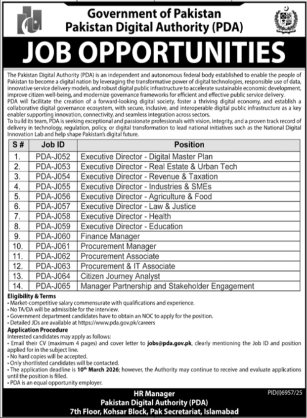Pakistan Digital Authority PDA Islamabad Jobs 2026 – Public Sector Organization Jobs 2026 — original advertisement