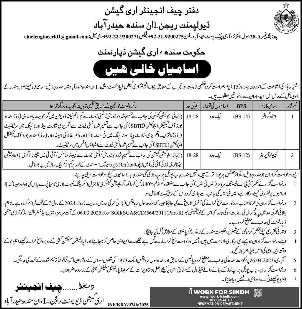 Irrigation Development Region 1 Hyderabad Jobs 2026 – Irrigation Department Sindh Jobs 2026 — original advertisement