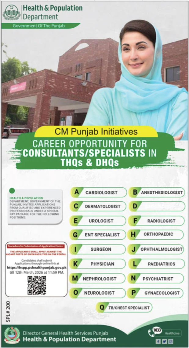 Health & Population Department Lahore Jobs 2026 – Population Welfare Department Punjab Jobs 2026 — original advertisement