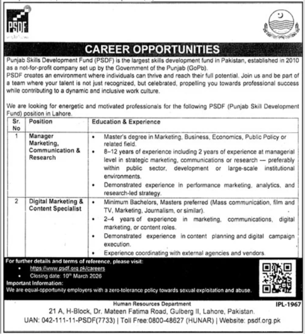 Punjab Skills Development Fund PSDF Lahore Jobs 2026 Jobs 2026 — original advertisement