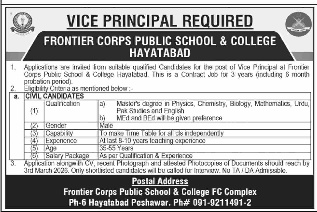 Frontier Corps Public School & College Hayatabad Jobs 2026 – Frontier Corps Kpk Jobs 2026 — original advertisement