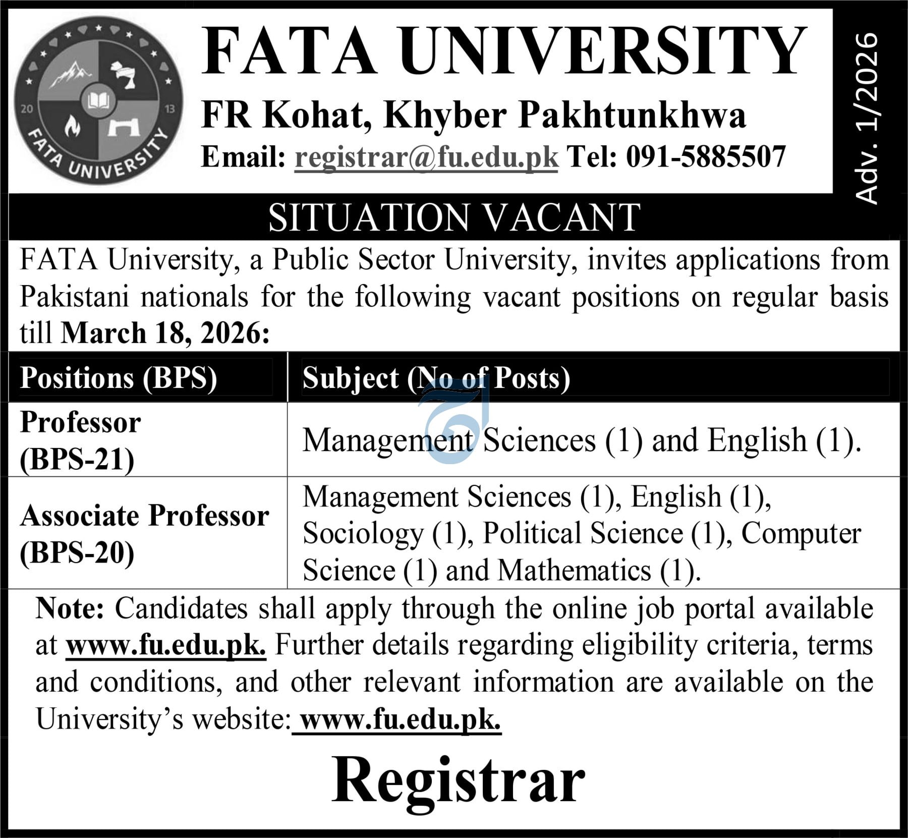 Fata University Fr Kohat Khyber Pakhtunkhwa Jobs 2026 – FATA University Akhorwal Darra Adam Khel FR Kohat Jobs 2026 — original advertisement