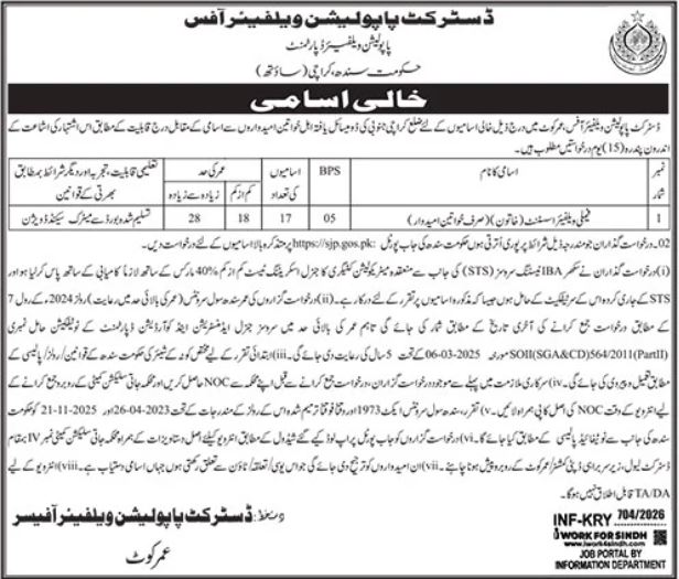 Population Welfare Department Umerkot Job 2026 – Population Welfare Department Sindh Jobs 2026 — original advertisement