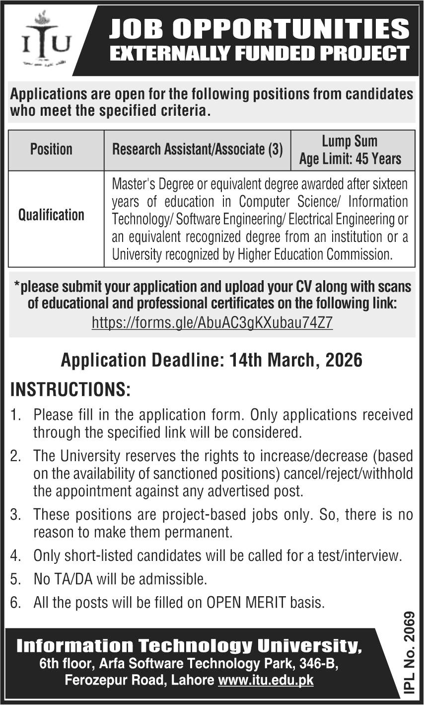 Information Technology University ITU Lahore Jobs 2026 – Information Technology University of the Punjab Lahore Jobs 2026 — original advertisement