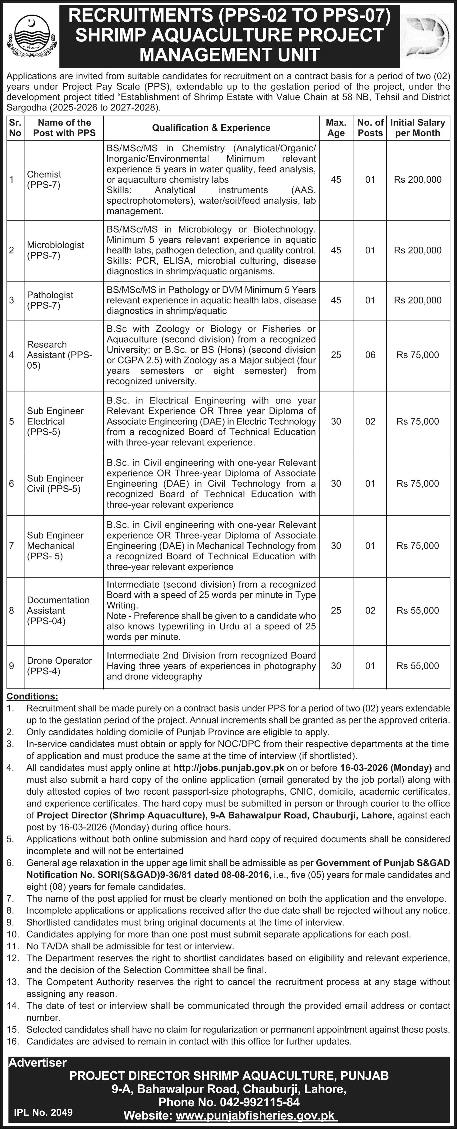 Fisheries Department Lahore Jobs 2026 – Forest Wildlife & Fishries Department Punjab Jobs 2026 — original advertisement