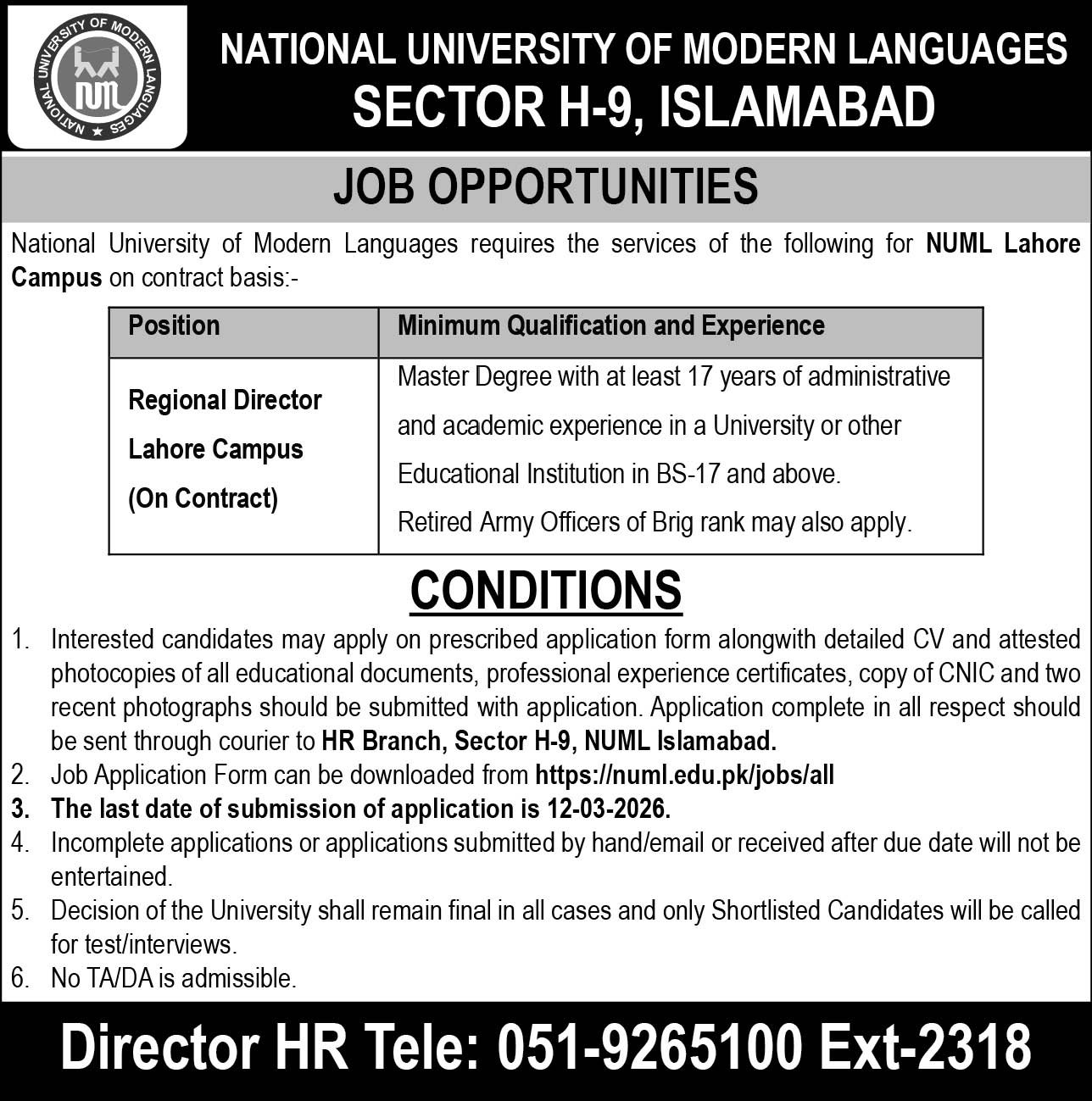 National University Of Modern Languages NUML Jobs 2026 – National University of Modern Languages Islamabad Jobs 2026 — original advertisement