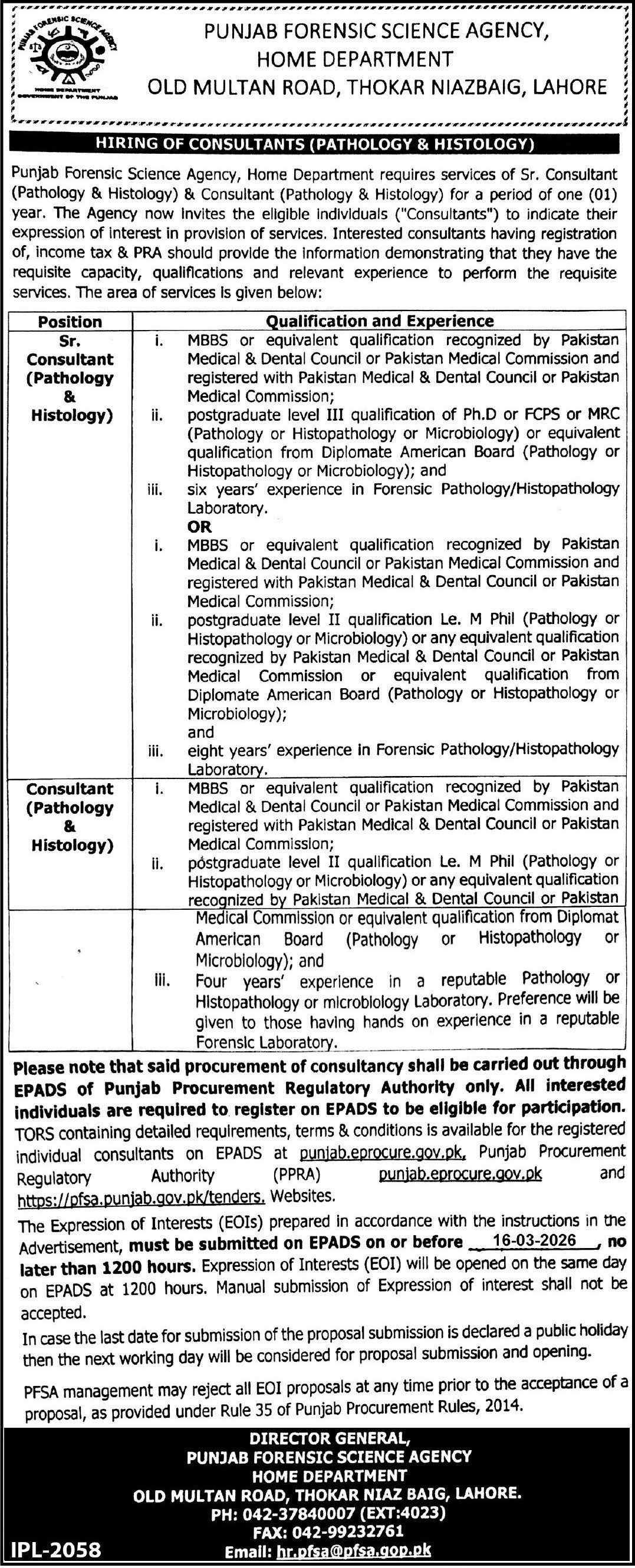 Punjab Forensic Science Agency PFSA Lahore Jobs 2026 Jobs 2026 — original advertisement