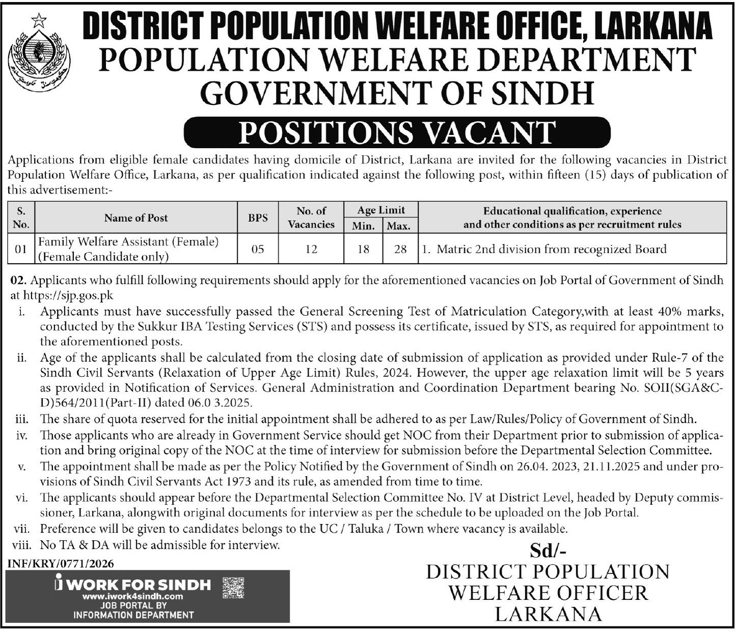 Population Welfare Department PWD Larkana Jobs 2026 – Population Welfare Department Sindh Jobs 2026 — original advertisement