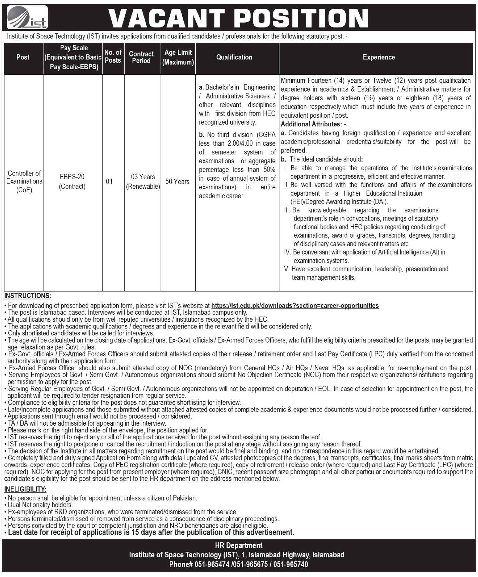 Institute Of Space Technology IST Islamabad Jobs 2026 – Institute of Space Technology ITS Islamabad Jobs 2026 — original advertisement