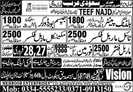 Building Painter & Stone Foreman Jobs 2026 In Saudi Arabia – Mehboob Enterprises Overseas Employment Promoters Jobs 2026 — original advertisement