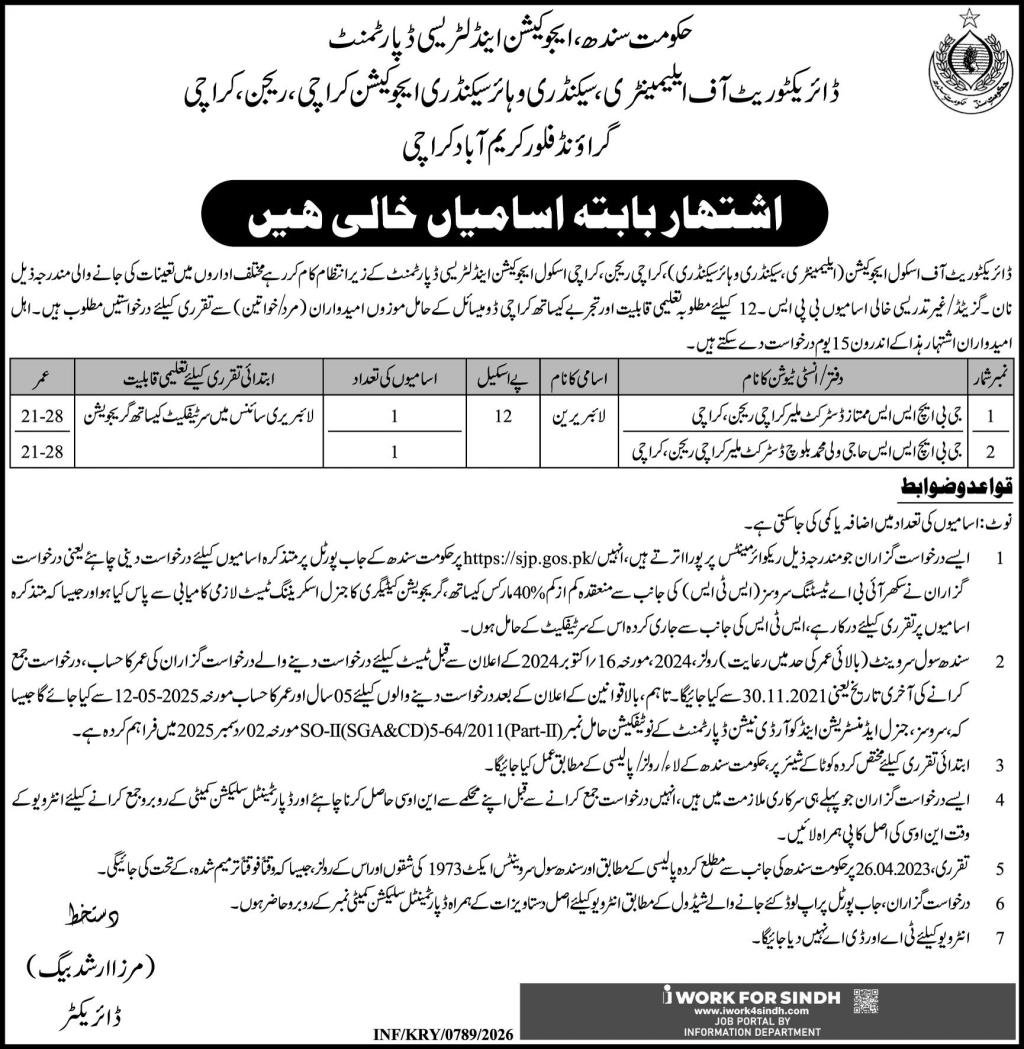 Elementary Secondary & Higher Secondary Karachi Jobs 2026 – Elementary Secondary & Higher Secondary Department Jobs 2026 — original advertisement