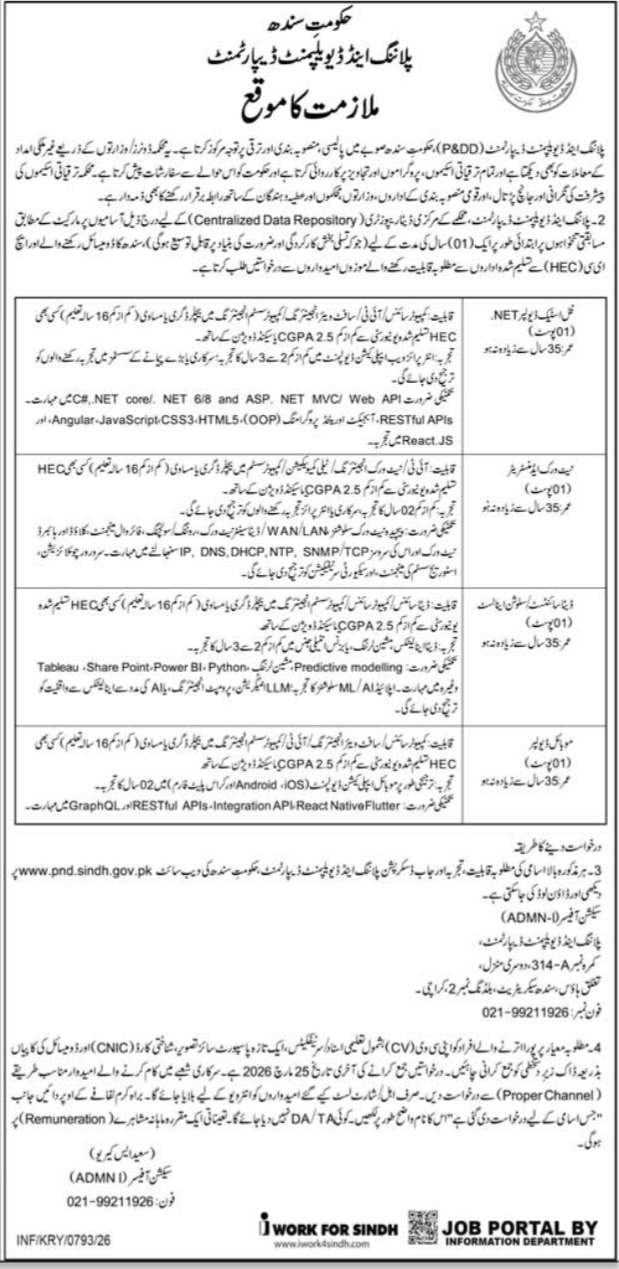 Planning & Development Department Karachi Jobs 2026 – Planning & Development Department Sindh Jobs 2026 — original advertisement