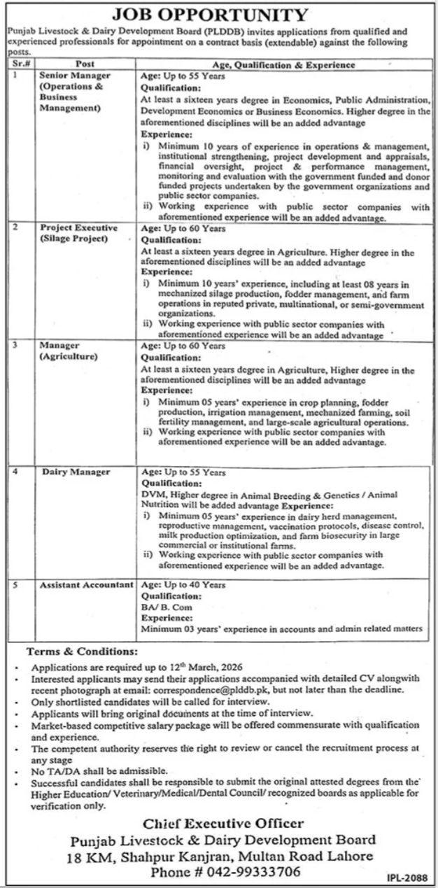 Punjab Livestock & Dairy Development Board PLDDB Jobs – Livestock and Dairy Development Department Punjab Jobs 2026 — original advertisement