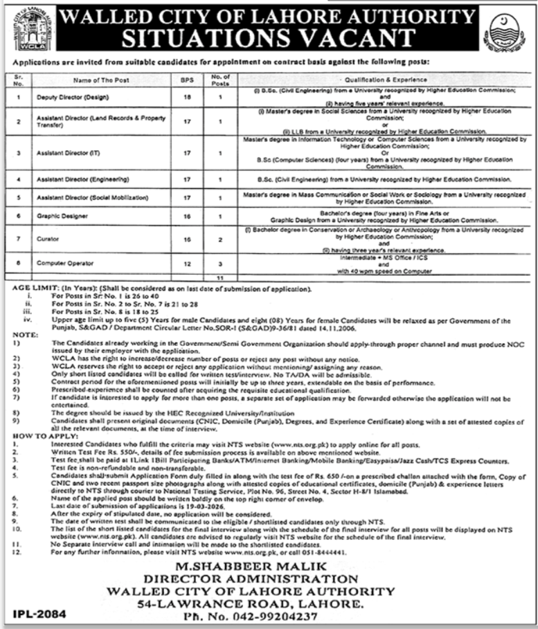 Walled City Of Lahore Authority Lahore Jobs 2026 – Walled City Of Lahore Authority WLCA Jobs 2026 — original advertisement