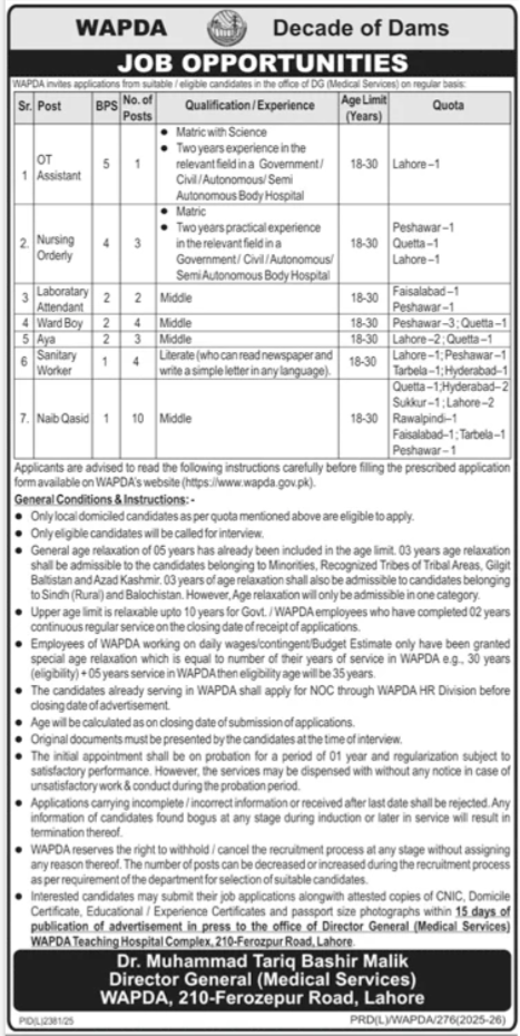 Water And Power Development Authority Lahore Jobs Jobs 2026 — original advertisement