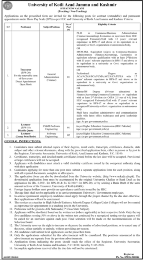 University Of Kotli Azad Jammu & Kashmir Jobs 2026 – University of Azad Jammu & Kashmir Jobs 2026 — original advertisement