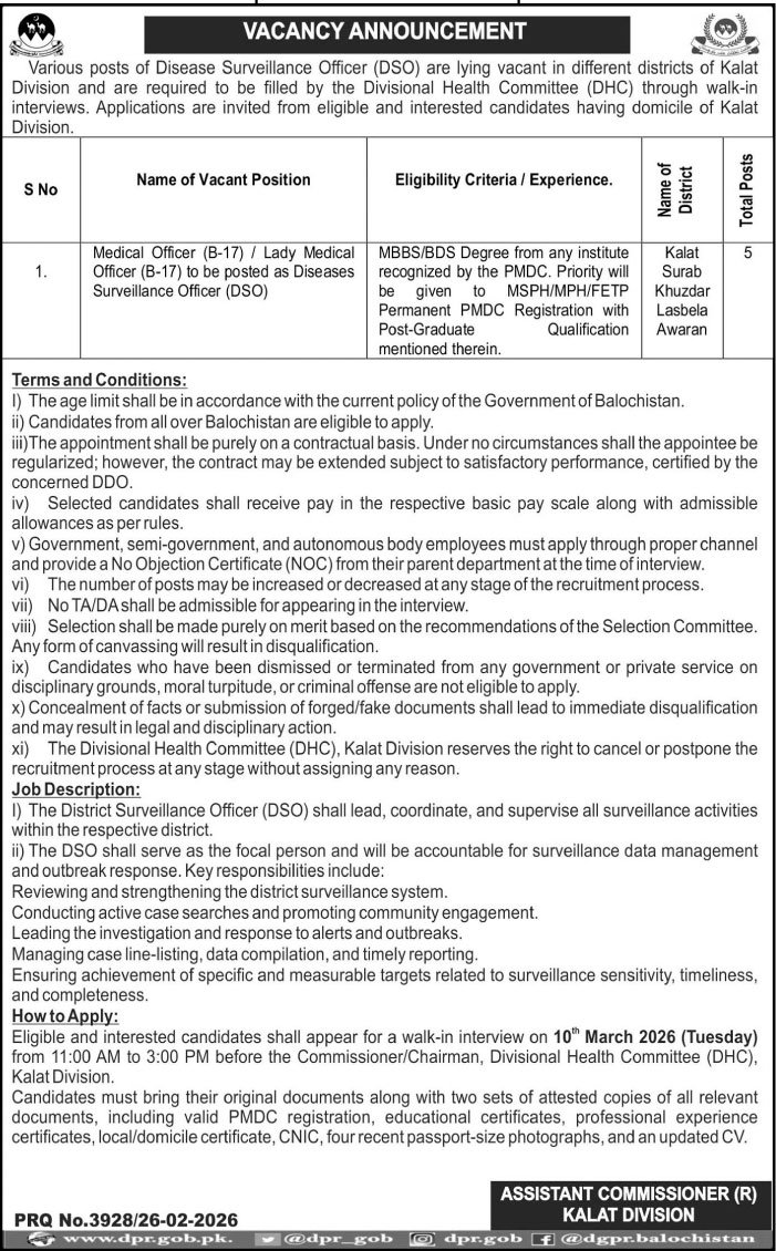 Divisional Health Committee DHC Kalat Job 2026 – Health Department Balochsitan Jobs 2026 — original advertisement