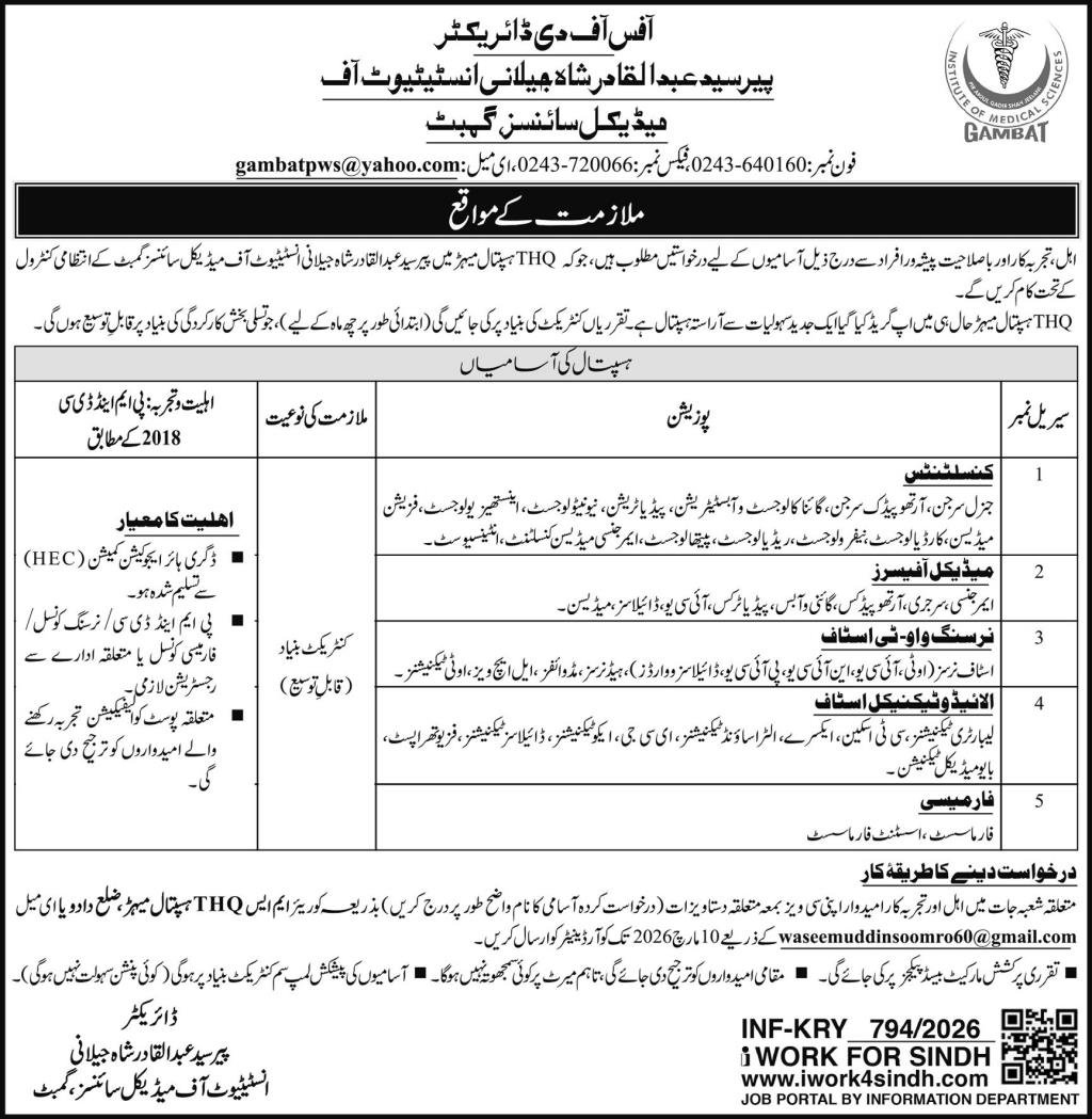 Pir Abdul Qadir Shah Jeelani Institute Of Medical Jobs 2026 – pir abdul qadir jilani institute of medical science Jobs 2026 — original advertisement