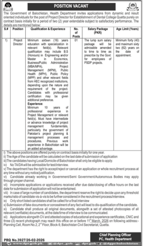 Health Department Quetta Balochistan Job 2026 – Health Department Balochsitan Jobs 2026 — original advertisement