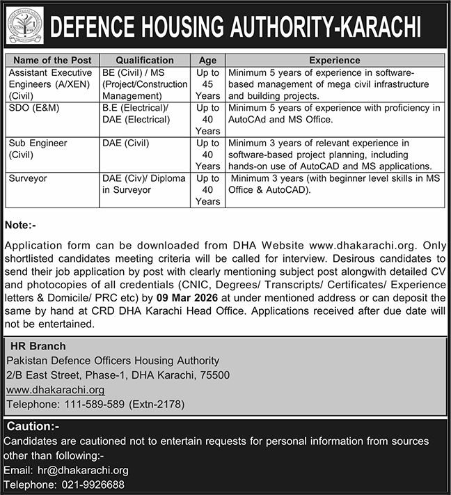 Defence Housing Authority DHA Karachi Jobs 2026 Jobs 2026 — original advertisement