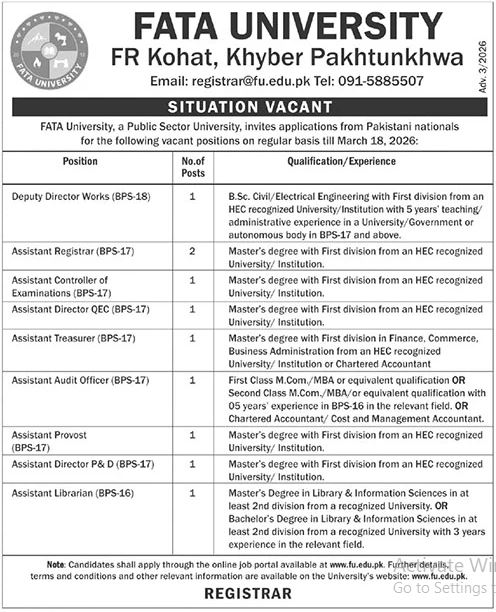 Fata University Kohat Jobs 2026 – FATA University Akhorwal Darra Adam Khel FR Kohat Jobs 2026 — original advertisement