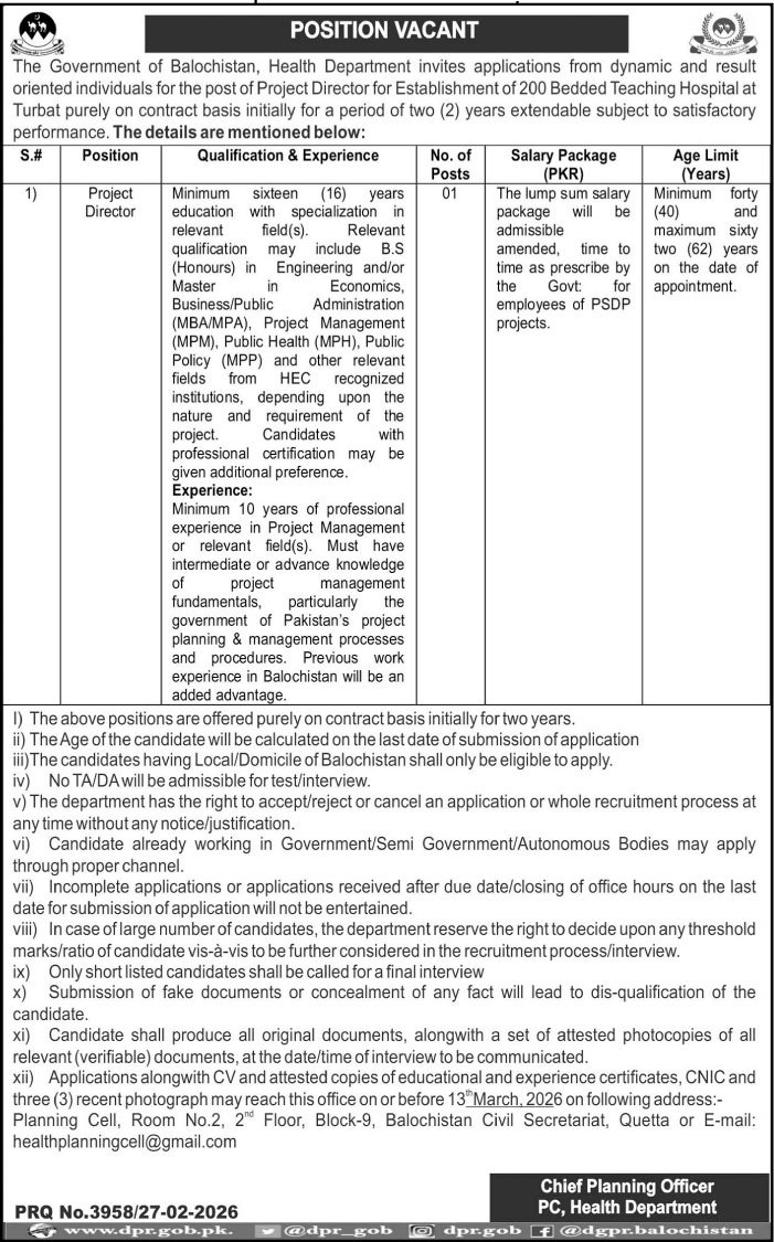 Health Department Balochistan Jobs 2026 – Health Department Balochsitan Jobs 2026 — original advertisement