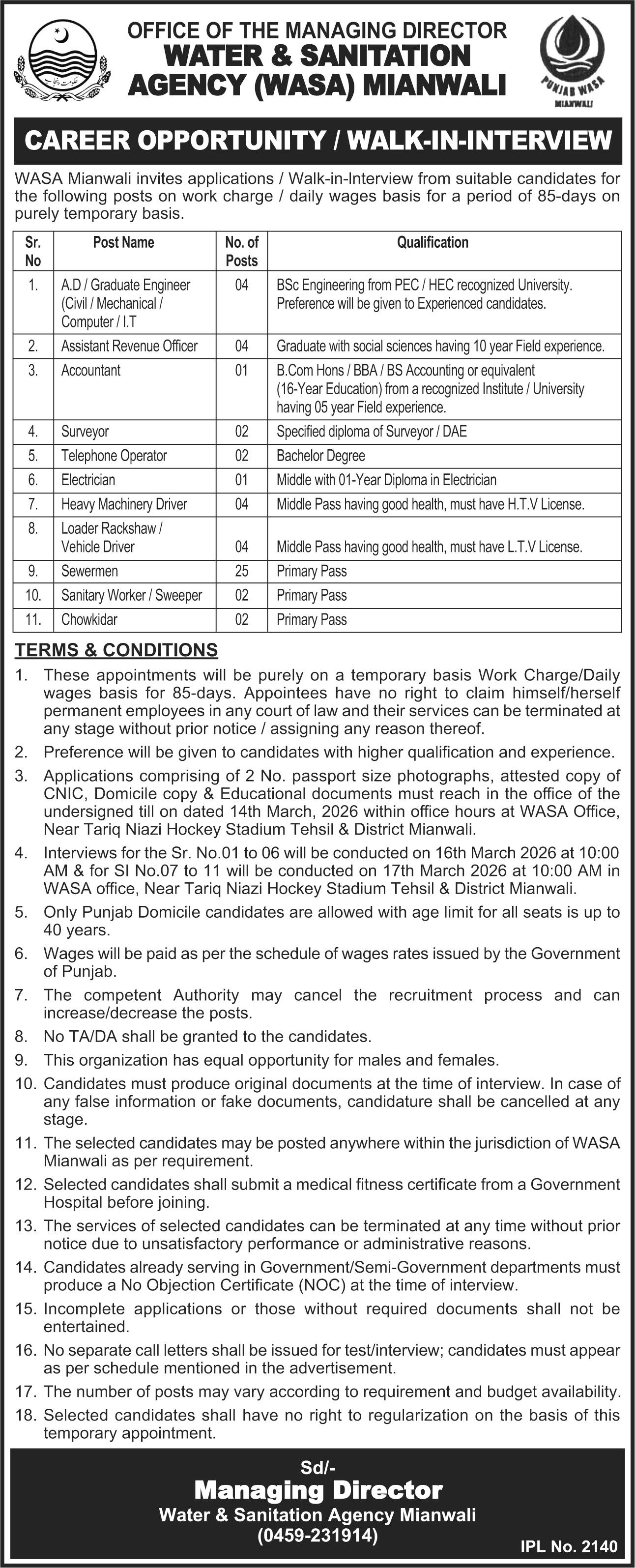 Water and Sanitation Agency WASA Mianwali Jobs 2026 – Water and Sanitation Agency (LDA) Lahore Jobs 2026 — original advertisement