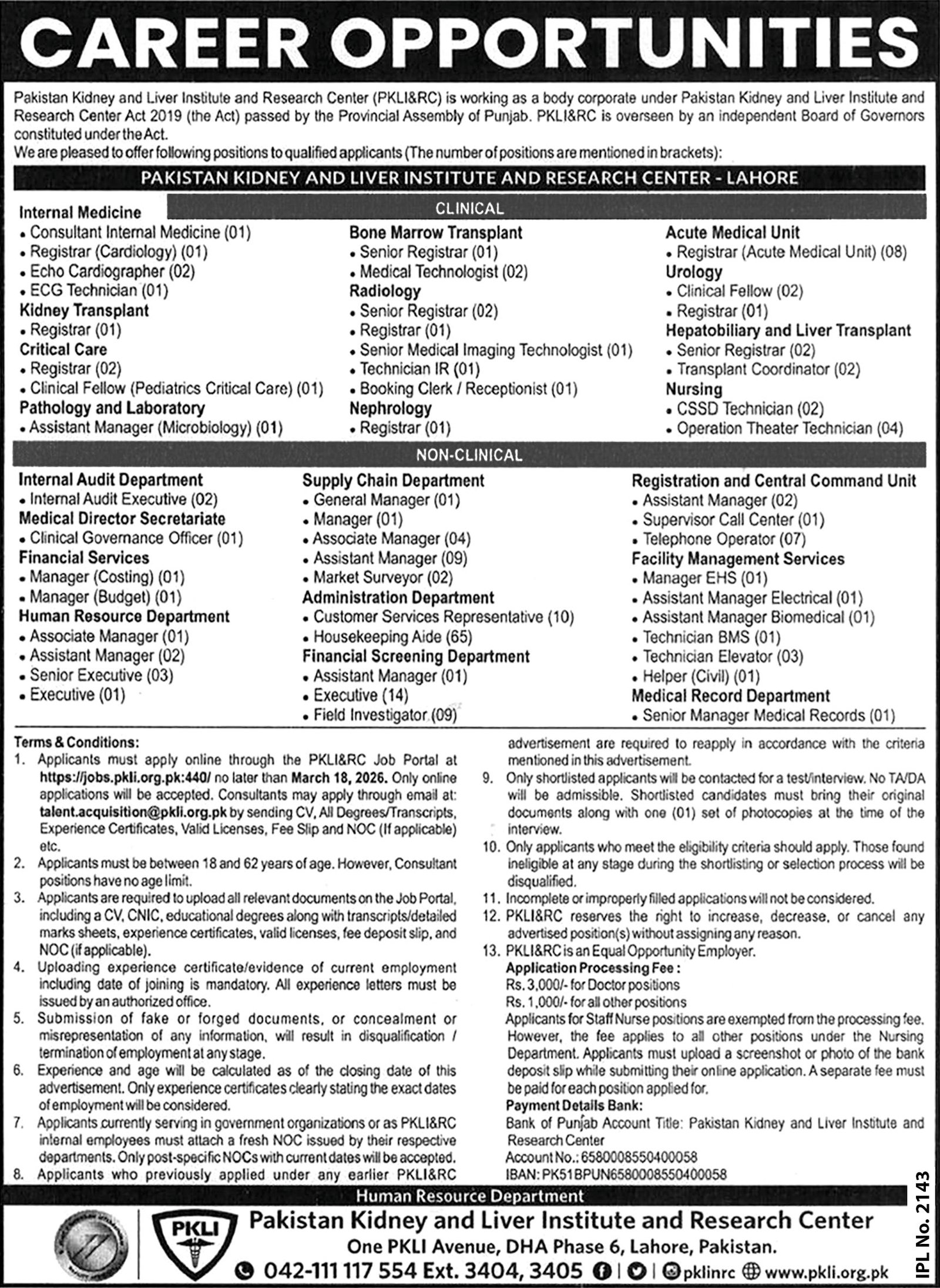 Pakistan Kidney And Liver Institute And Research Centre Jobs – Pakistan Kidney And Liver Institute (PKLI) And Research Centre Lahore Jobs 2026 — original advertisement