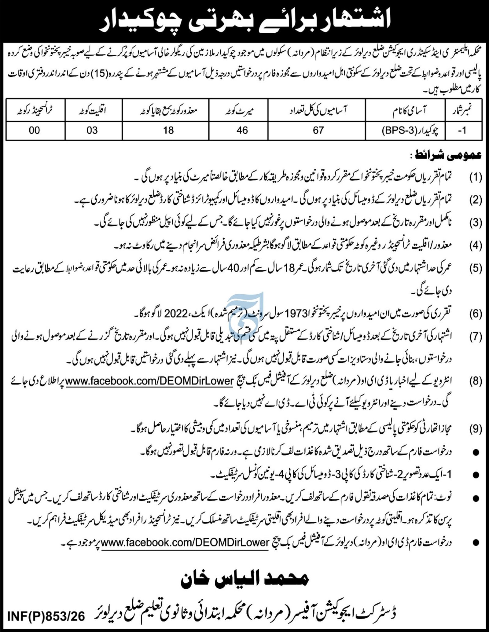 Elementary and Secondary Education Department Lower Dir Jobs – Elementary & Secondary Education Department KPK Jobs 2026 — original advertisement