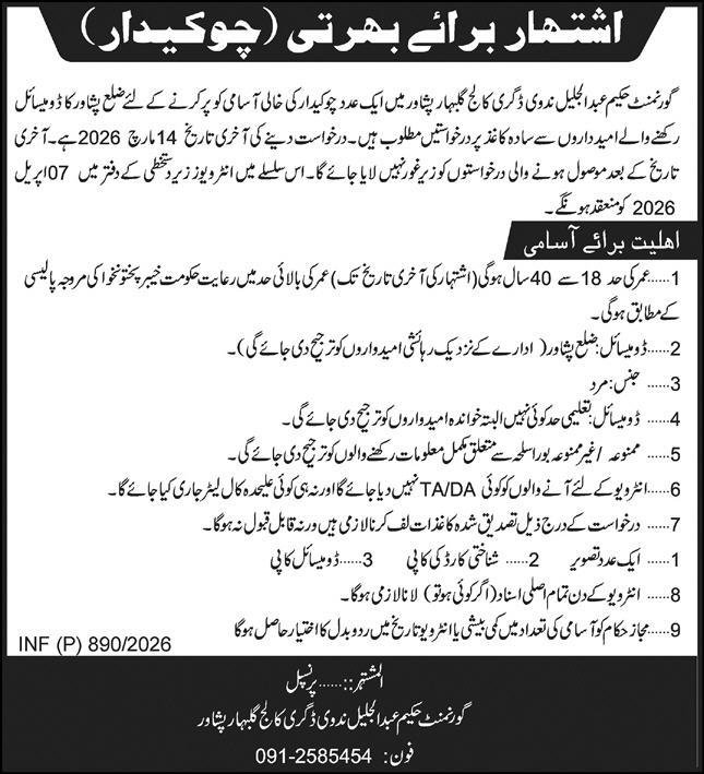 Govt Hakeem Abdul Jalil Nadvi College Peshawar Jobs 2026 – Public Sector Organization Jobs 2026 — original advertisement