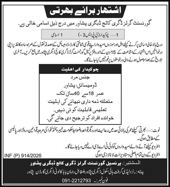 Government Girls Degree College Dabgari Peshawar Jobs 2026 – Capital Girls Degree College Jobs 2026 — original advertisement