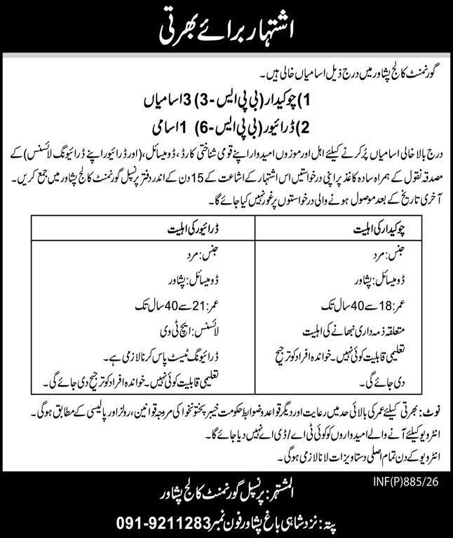 Government College Peshawar Jobs 2026 For Driver & Chowkidar – Government College Of Technology For Women Jobs 2026 — original advertisement