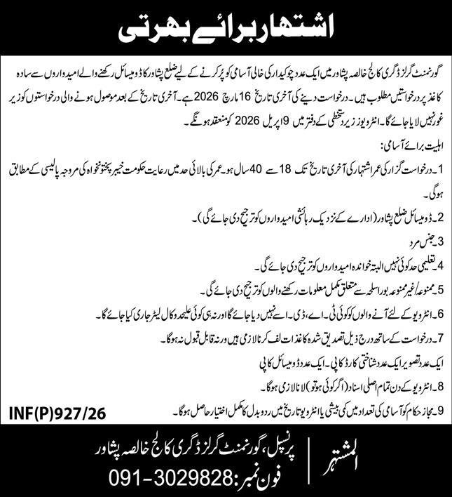 Government Girls Degree College Khalisa Peshawar Jobs 2026 – Public Sector Organization Jobs 2026 — original advertisement