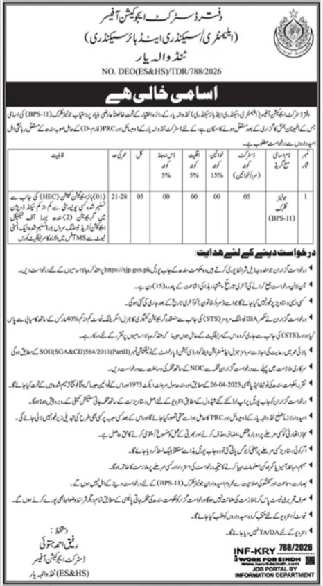 Elementary and Secondary Education Department Allahyar Jobs – Elementary Secondary & Higher Secondary Department Jobs 2026 — original advertisement