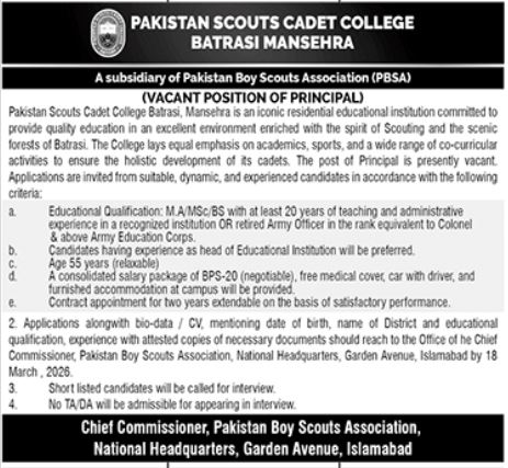 Pakistan Scouts Cadet College Mansehra Jobs 2026 – Pakistan Scouts Cadet College Batrasi Mansehra Jobs 2026 — original advertisement