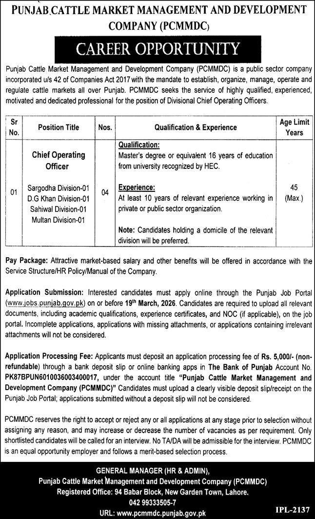 Punjab Cattle Market Management & Development Jobs 2026 – Private Company Jobs 2026 — original advertisement