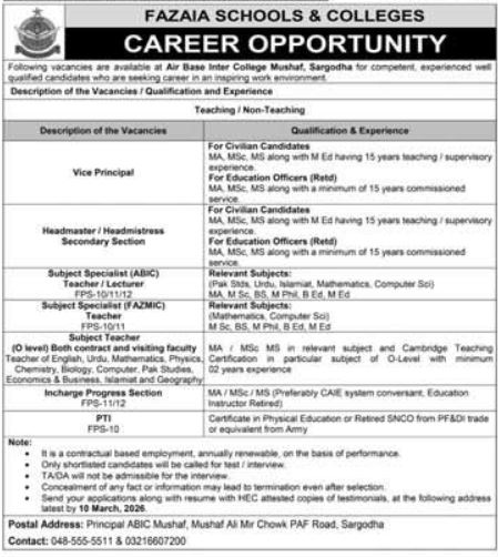 Fazaia Schools & Colleges Sargodha Jobs 2026 Jobs 2026 — original advertisement
