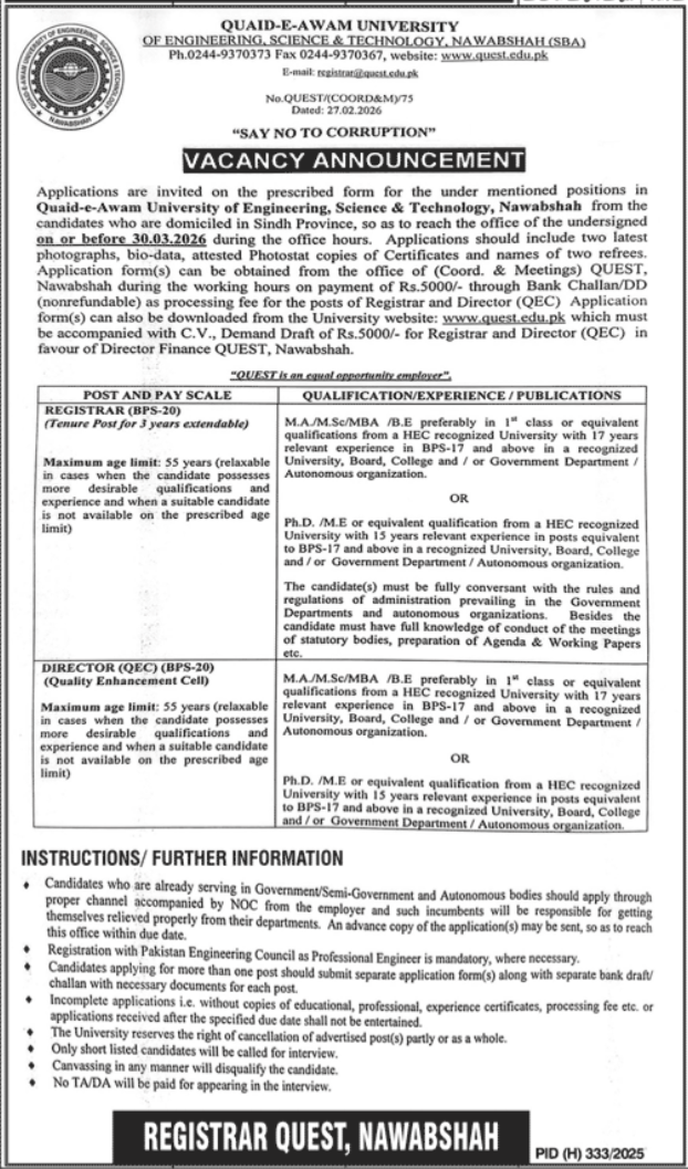 Quaid e Awam University of Engineering Science Jobs – Quaid E Awam University Nawabshah Jobs 2026 — original advertisement