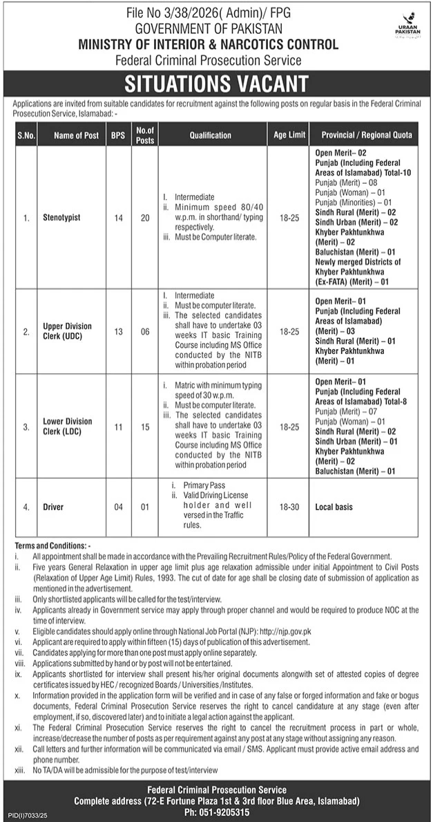 Ministry of Interior and Narcotics Control Islamabad Jobs – Ministry of Interior Islamabad Jobs 2026 — original advertisement
