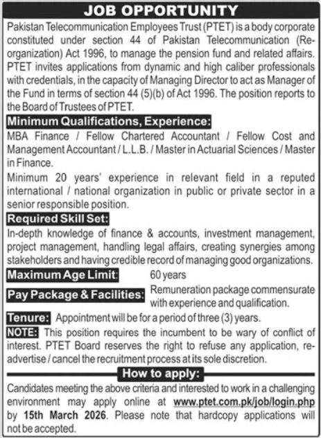 Pakistan Telecommunication Employees Trust PTET Karachi Job – Pakistan Telecommunication Limited Jobs 2026 — original advertisement