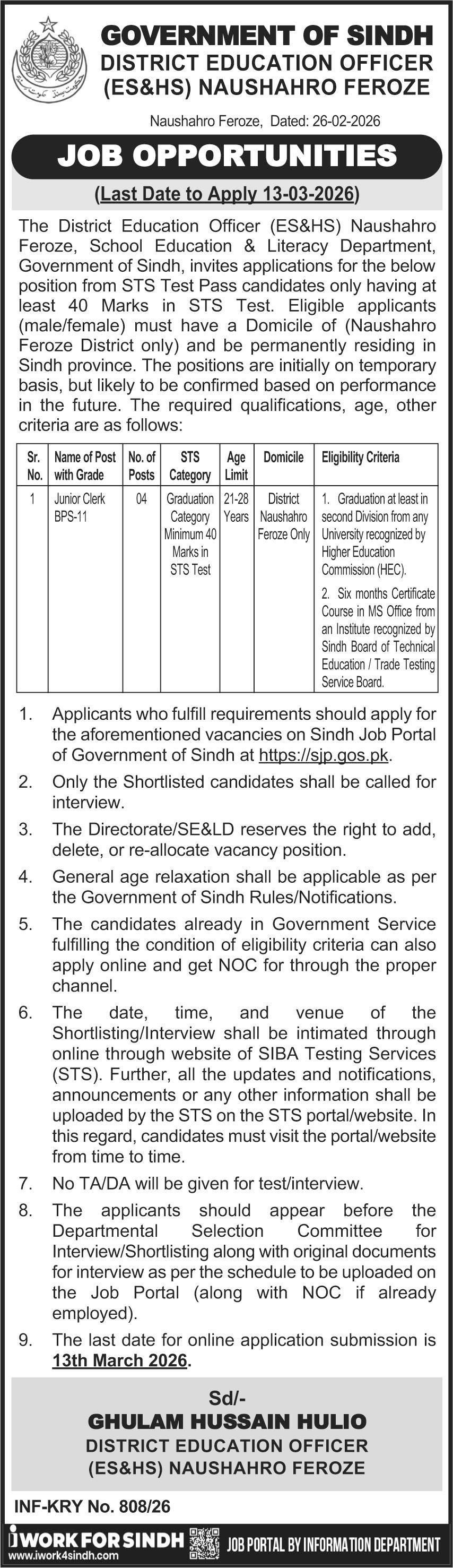 School Education & Literacy Department Naushahro Feroze Jobs – School Education & Literacy Department Sindh Jobs 2026 — original advertisement
