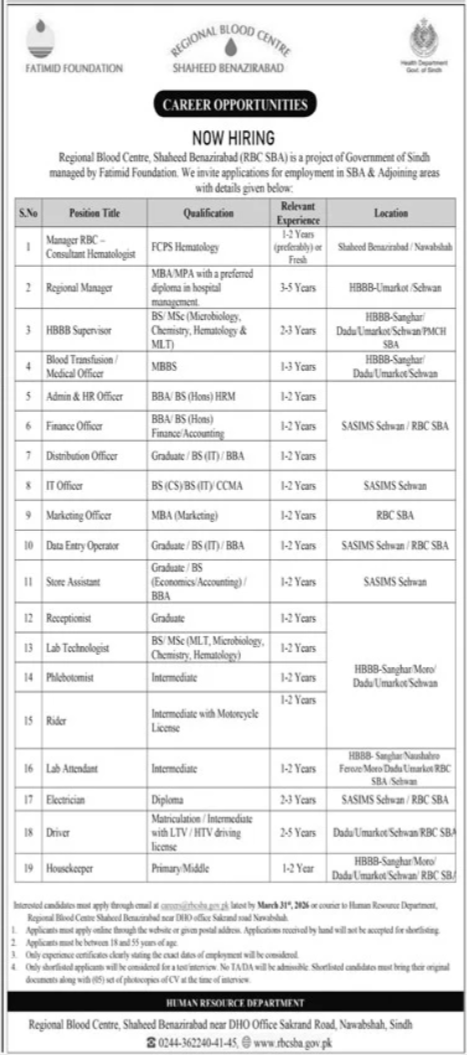 Regional Blood Center Shaheed Benazirabad Jobs 2026 – Public Sector Organization Jobs 2026 — original advertisement