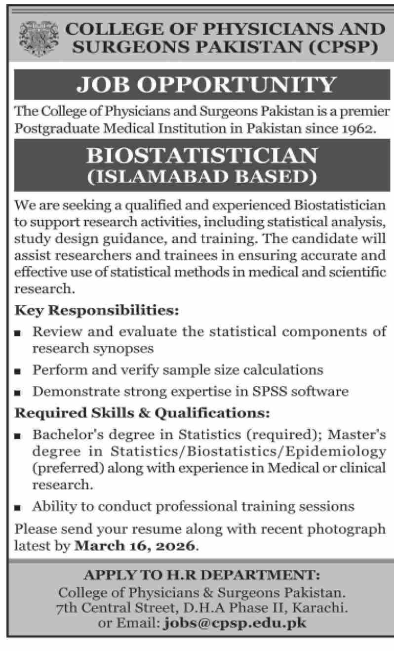 College Of Physicians And Surgeons Pakistan Jobs 2026 Jobs 2026 — original advertisement