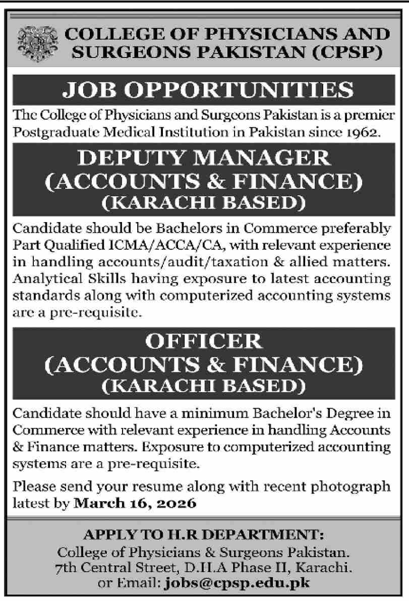 College Of Physicians And Surgeons Pakistan Karachi Jobs Jobs 2026 — original advertisement
