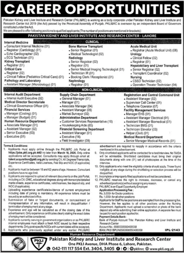 Pakistan Kidney And Liver Institute And Research Centre Jobs – Pakistan Kidney And Liver Institute (PKLI) And Research Centre Lahore Jobs 2026 — original advertisement