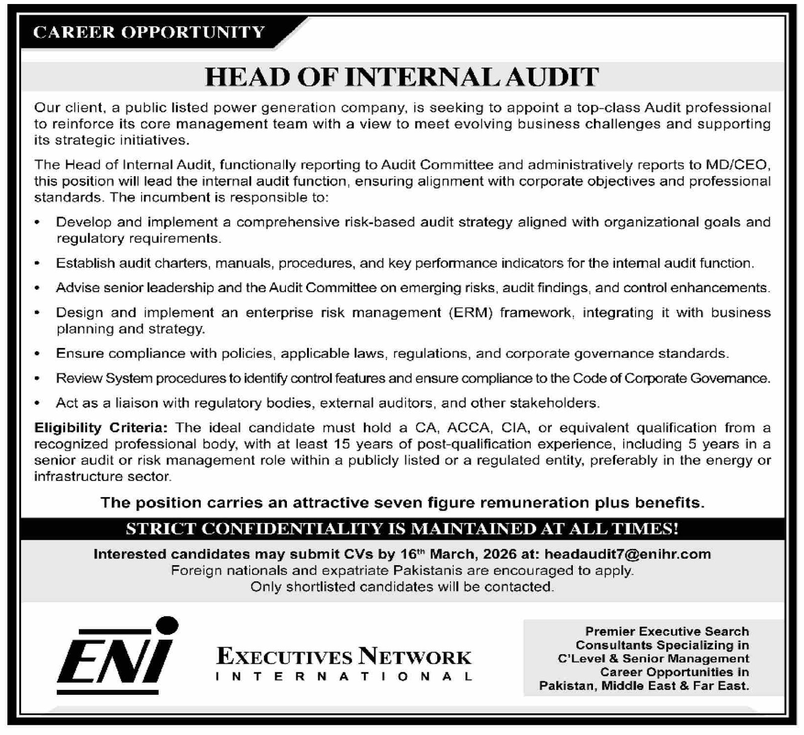 Executives Network International Karachi Jobs 2026 – Public Sector Organization Jobs 2026 — original advertisement