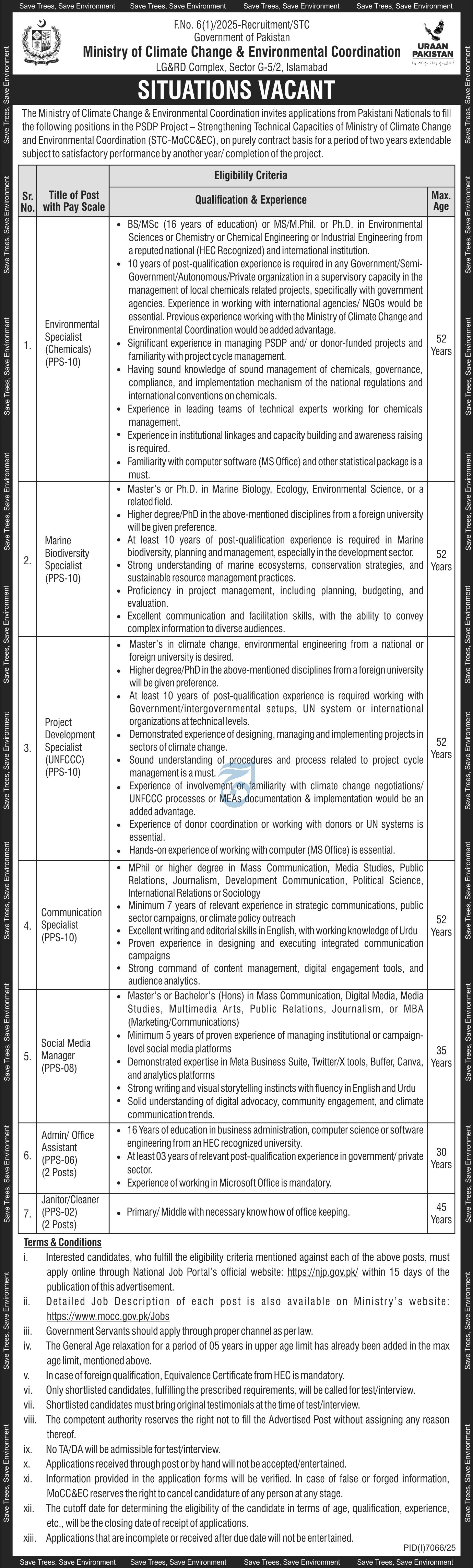Ministry Of Climate Change & Environmental Coordination Jobs Jobs 2026 — original advertisement