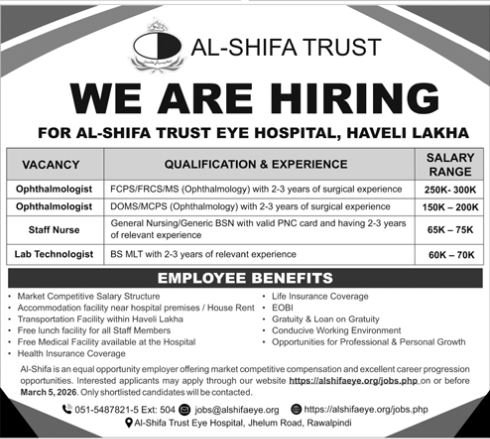 AL shIFA Trust Eye Hospital Haveli Lakha Jobs 2026 – Al-Shifa Trust Eye Hospital Rawalpindi Pakistan Jobs 2026 — original advertisement