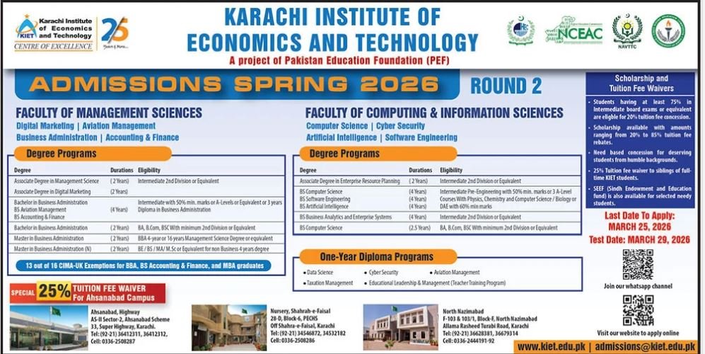 Admission Open in Karachi Institute of Economics And Techlog – Karachi Institute of Economics and Technology KIET Admissions 2026 — original advertisement