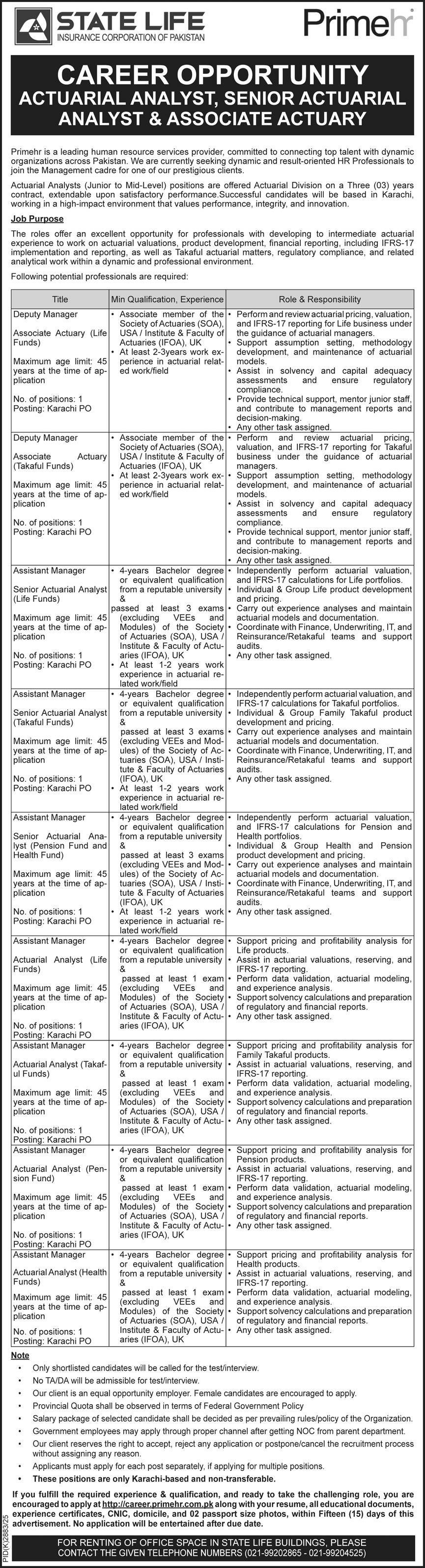 State Life Insurance Corporation of Pakistan Karachi Jobs Jobs 2026 — original advertisement